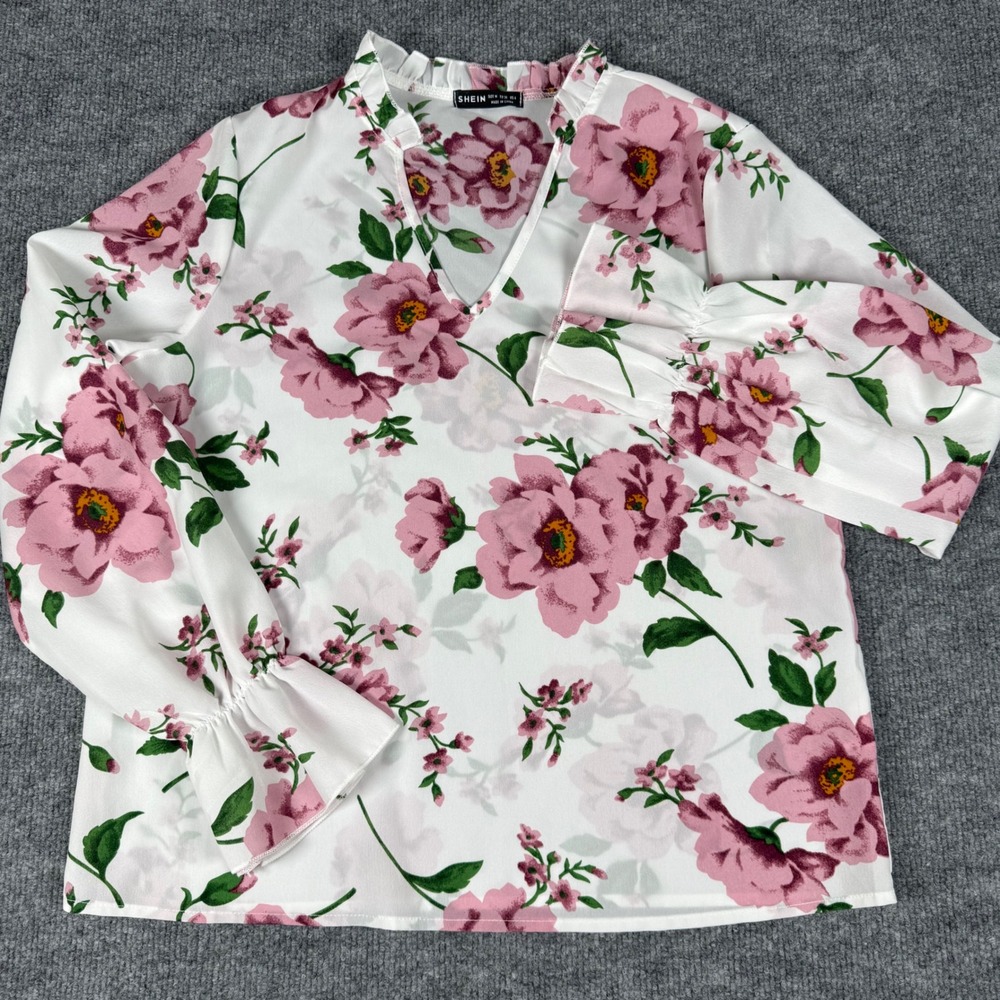 Floral Blouse Women Medium Top Pink Green LS Lightweight Ruffle Neck Feminine